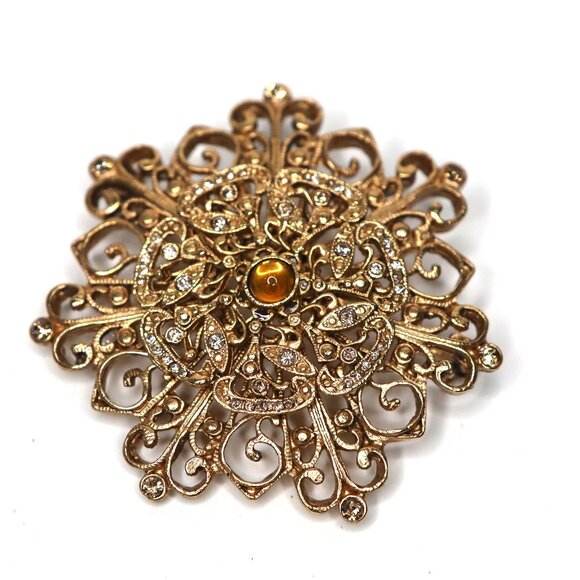 Vintage Gold Tone Starburst Brooch Large Pin Retro Jewelry Clear Amber Stones - Picture 7 of 7